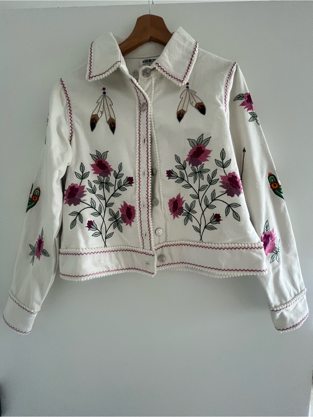 Embroidered Floral Button-Front Jacket - White with Pink Accents